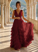 Tulle A Line V Neck Long Formal Dresses with Ruffles Wedding Guest Maxi Dresses