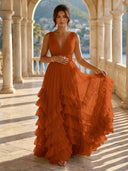 Tulle A Line V Neck Long Formal Dresses with Ruffles Wedding Guest Maxi Dresses