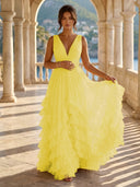 Tulle A Line V Neck Long Formal Dresses with Ruffles Wedding Guest Maxi Dresses