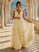 Tulle A Line V Neck Long Formal Dresses with Ruffles Wedding Guest Maxi Dresses