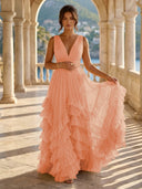 Tulle A Line V Neck Long Formal Dresses with Ruffles Wedding Guest Maxi Dresses