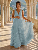 Tulle A Line V Neck Long Formal Dresses with Ruffles Wedding Guest Maxi Dresses