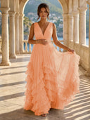 Tulle A Line V Neck Long Formal Dresses with Ruffles Wedding Guest Maxi Dresses