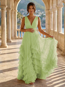 Tulle A Line V Neck Long Formal Dresses with Ruffles Wedding Guest Maxi Dresses