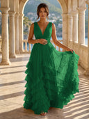 Tulle A Line V Neck Long Formal Dresses with Ruffles Wedding Guest Maxi Dresses