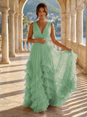 Tulle A Line V Neck Long Formal Dresses with Ruffles Wedding Guest Maxi Dresses