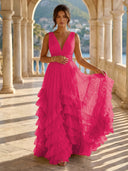 Tulle A Line V Neck Long Formal Dresses with Ruffles Wedding Guest Maxi Dresses
