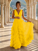 Tulle A Line V Neck Long Formal Dresses with Ruffles Wedding Guest Maxi Dresses