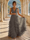 Tulle A Line V Neck Long Formal Dresses with Ruffles Wedding Guest Maxi Dresses