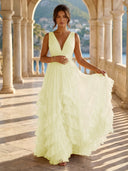 Tulle A Line V Neck Long Formal Dresses with Ruffles Wedding Guest Maxi Dresses