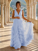 Tulle A Line V Neck Long Formal Dresses with Ruffles Wedding Guest Maxi Dresses