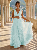 Tulle A Line V Neck Long Formal Dresses with Ruffles Wedding Guest Maxi Dresses