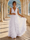 Tulle A Line V Neck Long Formal Dresses with Ruffles Wedding Guest Maxi Dresses