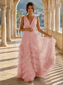 Tulle A Line V Neck Long Formal Dresses with Ruffles Wedding Guest Maxi Dresses
