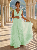 Tulle A Line V Neck Long Formal Dresses with Ruffles Wedding Guest Maxi Dresses