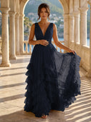 Tulle A Line V Neck Long Formal Dresses with Ruffles Wedding Guest Maxi Dresses