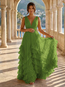 Tulle A Line V Neck Long Formal Dresses with Ruffles Wedding Guest Maxi Dresses