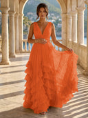 Tulle A Line V Neck Long Formal Dresses with Ruffles Wedding Guest Maxi Dresses