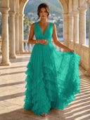 Tulle A Line V Neck Long Formal Dresses with Ruffles Wedding Guest Maxi Dresses