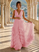 Tulle A Line V Neck Long Formal Dresses with Ruffles Wedding Guest Maxi Dresses