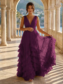 Tulle A Line V Neck Long Formal Dresses with Ruffles Wedding Guest Maxi Dresses