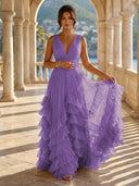 Tulle A Line V Neck Long Formal Dresses with Ruffles Wedding Guest Maxi Dresses
