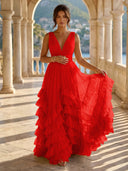 Tulle A Line V Neck Long Formal Dresses with Ruffles Wedding Guest Maxi Dresses