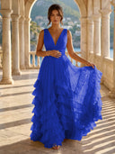Tulle A Line V Neck Long Formal Dresses with Ruffles Wedding Guest Maxi Dresses