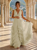 Tulle A Line V Neck Long Formal Dresses with Ruffles Wedding Guest Maxi Dresses