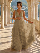 Tulle A Line V Neck Long Formal Dresses with Ruffles Wedding Guest Maxi Dresses