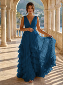 Tulle A Line V Neck Long Formal Dresses with Ruffles Wedding Guest Maxi Dresses