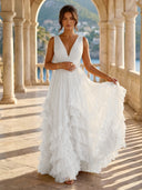 Tulle A Line V Neck Long Formal Dresses with Ruffles Wedding Guest Maxi Dresses