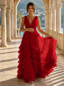 Tulle A Line V Neck Long Formal Dresses with Ruffles Wedding Guest Maxi Dresses