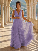 Tulle A Line V Neck Long Formal Dresses with Ruffles Wedding Guest Maxi Dresses