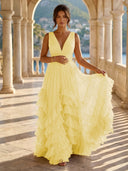Tulle A Line V Neck Long Formal Dresses with Ruffles Wedding Guest Maxi Dresses