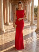 Satin Mermaid Scoop Neck Long Formal Dresses with Pleats
