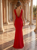 Satin Mermaid Scoop Neck Long Formal Dresses with Pleats