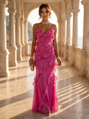 Chiffon Sheath V Neck Spaghetti Straps Long Formal Dresses with Ruffles