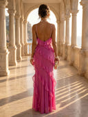 Chiffon Sheath V Neck Spaghetti Straps Long Formal Dresses with Ruffles