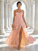 Chiffon A Line Strapless Long Formal Dresses with Slit