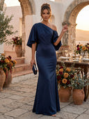 Satin Mermaid One Shoulder Long Formal Dresses with Pleated