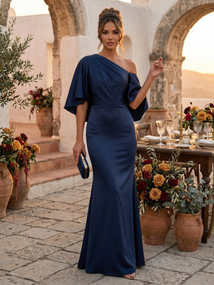 Satin Mermaid One Shoulder Long Formal Dresses with Pleated