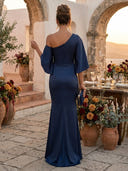 Satin Mermaid One Shoulder Long Formal Dresses with Pleated