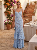 Lace Mermaid Sweetheart Spaghetti Straps Long Formal Dresses with Bow