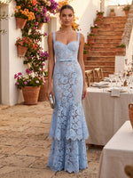 Lace Mermaid Sweetheart Spaghetti Straps Long Formal Dresses with Bow