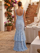 Lace Mermaid Sweetheart Spaghetti Straps Long Formal Dresses with Bow