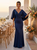 Satin Mermaid V Neck Short Sleeves Long Formal Dresses with Pleated
