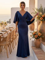 Satin Mermaid V Neck Short Sleeves Long Formal Dresses with Pleated
