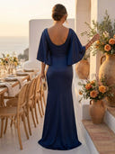 Satin Mermaid V Neck Short Sleeves Long Formal Dresses with Pleated