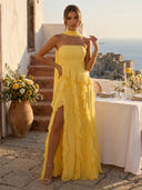 Chiffon A Line Strapless Long Formal Dresses with Ruffles
